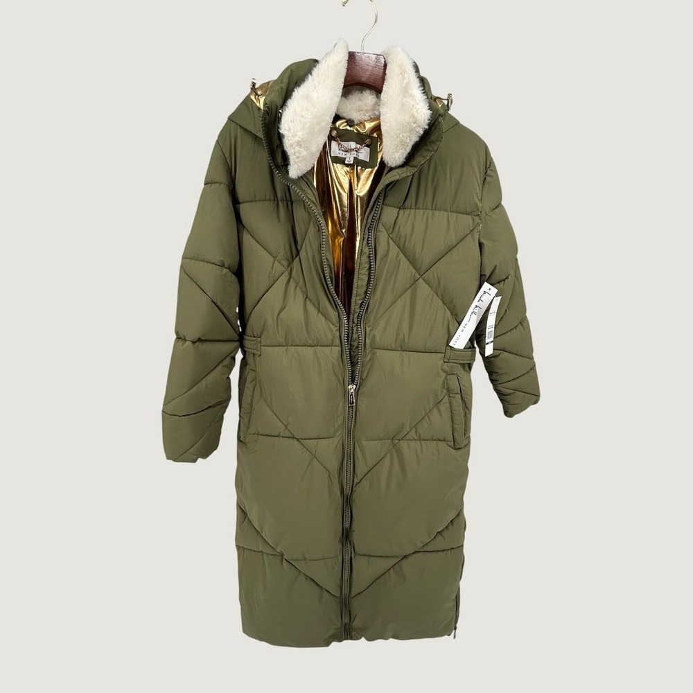 Nicole Miller Puffer Coat Women S Olive New Metallic Gold Lining Faux Fur Hood